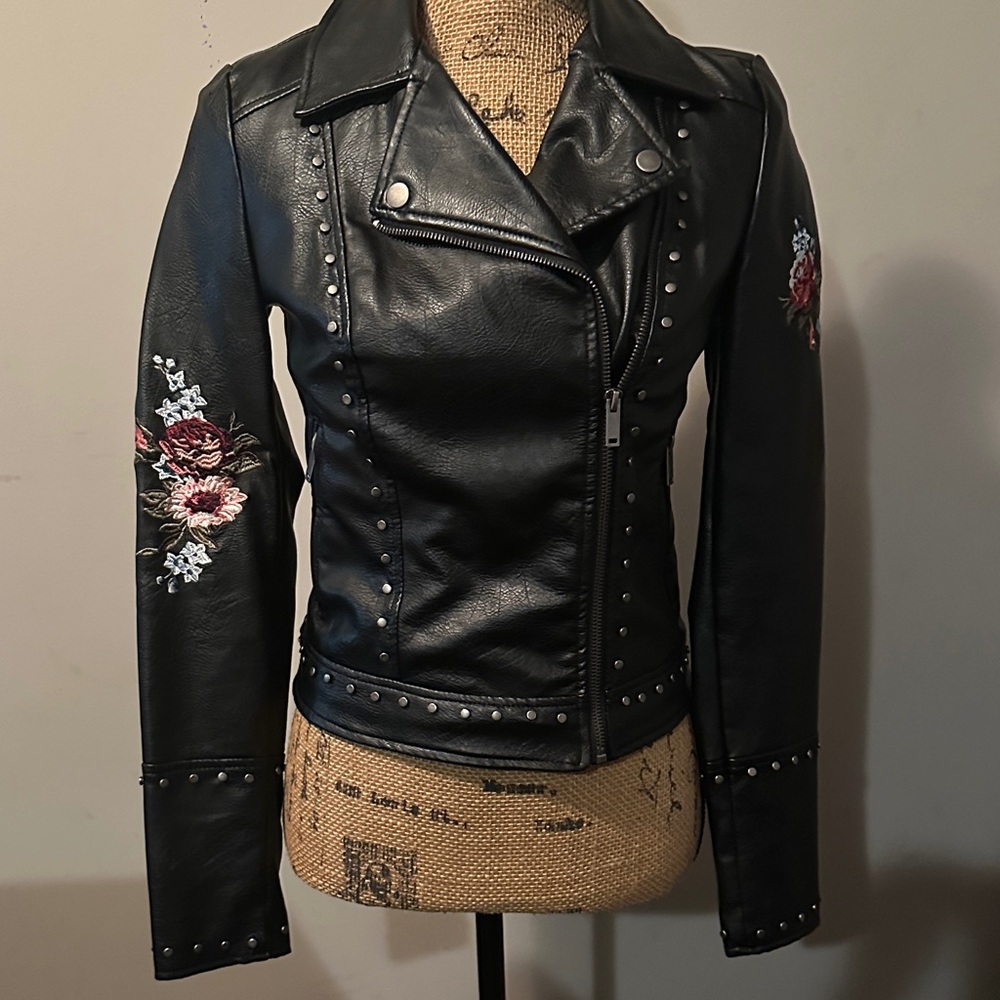 Aeropostale Black Leather Jacket with Floral Embroidery